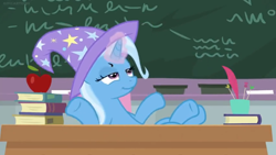 Size: 1600x900 | Tagged: safe, screencap, character:trixie, species:pony, species:unicorn, episode:a horse shoe-in, g4, my little pony: friendship is magic, apple, aura, book, chalk, chalkboard, cup, desk, female, food, lounging, magic, mare, quill, smug, solo