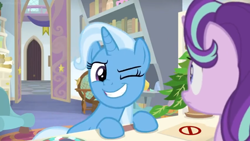Size: 1600x900 | Tagged: safe, screencap, character:phyllis, character:starlight glimmer, character:trixie, species:pony, species:unicorn, episode:a horse shoe-in, g4, my little pony: friendship is magic, bookshelf, desk, door, female, folder, house plant, mare, mints, office, one eye closed, philodendron, picture frame, scroll, shelf, wink