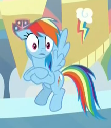 Size: 356x412 | Tagged: safe, screencap, character:rainbow dash, species:pegasus, species:pony, episode:a horse shoe-in, g4, my little pony: friendship is magic, cropped, crossed hooves, female, floppy ears, flying, mare, school of friendship, shocked, solo, what the hay?, wide eyes