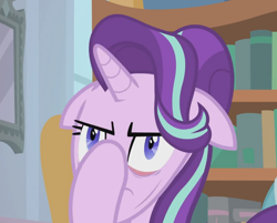 Size: 820x659 | Tagged: safe, screencap, character:starlight glimmer, species:pony, species:unicorn, episode:a horse shoe-in, g4, my little pony: friendship is magic, bookshelf, cropped, facehoof, faec, female, floppy ears, great moments in animation, mare, solo