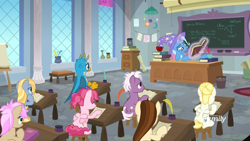 Size: 1920x1080 | Tagged: safe, screencap, character:bifröst, character:gallus, character:goldy wings, character:loganberry, character:strawberry scoop, character:summer breeze, character:trixie, species:griffon, species:pony, episode:a horse shoe-in, g4, my little pony: friendship is magic, apple, book, bored, chalkboard, classroom, clothing, dawnlighter, desk, discovery family logo, easel, female, food, friendship student, glowing horn, hat, hoof on cheek, horn, inkwell, levitation, magic, magic aura, male, mare, paper, quill, quill pen, reading, school of friendship, scroll, sitting, teenager, telekinesis, trash can, trixie's hat, vase, window