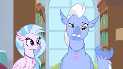Size: 1600x900 | Tagged: safe, screencap, character:silverstream, character:sky beak, species:classical hippogriff, species:hippogriff, episode:a horse shoe-in, g4, my little pony: friendship is magic, book, bookshelf, confused, father and daughter, female, jewelry, male, necklace, teenager, window