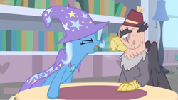 Size: 1594x900 | Tagged: safe, screencap, character:grampa gruff, character:trixie, species:griffon, species:pony, species:unicorn, episode:a horse shoe-in, g4, my little pony: friendship is magic, blind eye, book, bookshelf, breath, cape, clothing, female, hat, lamp, library, mare, trixie's cape, trixie's hat, yelling