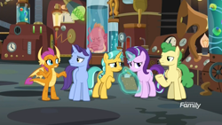 Size: 1920x1080 | Tagged: safe, screencap, character:citrine spark, character:fire quacker, character:huckleberry, character:november rain, character:smolder, character:starlight glimmer, species:dragon, species:pegasus, species:pony, species:unicorn, episode:a horse shoe-in, g4, my little pony: friendship is magic, claws, clipboard, discovery family logo, doctor who, doctor whooves' lab, dragoness, eye contact, female, flameless fireworks, friendship student, gesture, glowing horn, horn, laboratory, looking at each other, magic, magic aura, male, mare, octopus, pencil, raised hoof, shrug, squirk, stallion, teenager, telekinesis, the face of boe