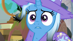 Size: 1920x1080 | Tagged: safe, screencap, character:trixie, species:pony, species:unicorn, episode:a horse shoe-in, g4, my little pony: friendship is magic, burned, cape, classroom, clothing, discovery family logo, female, frazzled, frown, hat, heartbreak, mare, messy mane, offended, sad, school of friendship, solo, trixie's cape, trixie's hat, wide eyes