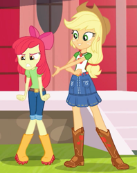 Size: 1161x1466 | Tagged: safe, screencap, character:apple bloom, character:applejack, equestria girls:holidays unwrapped, g4, my little pony:equestria girls, angry, apple bloom's bow, applejack's hat, belt, boots, bow, clothing, cowboy boots, cowboy hat, cropped, denim skirt, duo, female, freckles, frustrated, hair bow, hat, jeans, pants, shoes, skirt, stetson