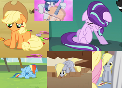 Size: 1518x1092 | Tagged: safe, screencap, character:applejack, character:derpy hooves, character:fluttershy, character:octavia melody, character:rainbow dash, character:starlight glimmer, species:changeling, species:pony, episode:rainbow falls, episode:slice of life, episode:the last roundup, episode:to where and back again, g4, my little pony: friendship is magic, cello, cute, eyes closed, female, flag, floppy ears, looking down, mare, musical instrument, ribbon, sad, sadorable, unhapplejack