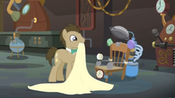 Size: 1600x896 | Tagged: safe, screencap, character:doctor whooves, character:time turner, species:pony, episode:a horse shoe-in, g4, my little pony: friendship is magic, blanket, chair, chamber, clock, colander, cup, duct tape, flask, jar, laboratory, ladle, mug, solo, tape, vacuum cleaner