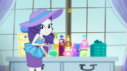 Size: 1920x1080 | Tagged: safe, screencap, character:rarity, episode:camping must-haves, g4, my little pony:equestria girls, beautiful, bracelet, clothing, cosmetics, cute, dresser, female, geode of shielding, hat, jewelry, looking at you, lotion, magical geodes, pencil skirt, perfume, raribetes, rarity's bedroom, smiling, window