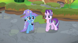 Size: 1600x896 | Tagged: safe, screencap, character:starlight glimmer, character:trixie, species:pony, episode:a horse shoe-in, g4, my little pony: friendship is magic, bog, burnt, cape, clothing, hat, singed, trixie's cape, trixie's hat