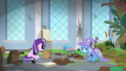 Size: 1600x900 | Tagged: safe, screencap, character:starlight glimmer, character:trixie, species:pony, episode:a horse shoe-in, g4, my little pony: friendship is magic, bog, book, burnt, cape, chair, classroom, clothing, desk, dirt, hat, inkwell, leaves, mess, moss, quill, singed, trixie's cape, trixie's hat, window