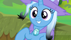 Size: 1600x898 | Tagged: safe, screencap, character:trixie, species:pony, episode:a horse shoe-in, g4, my little pony: friendship is magic, benson, cape, clothing, female, hat, mare, moss, regular show, smiling, solo, trixie's cape, trixie's hat