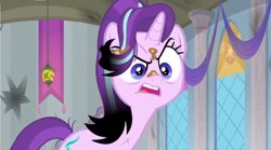 Size: 1598x890 | Tagged: safe, screencap, character:starlight glimmer, species:pony, episode:a horse shoe-in, g4, my little pony: friendship is magic, angry, banner, broken, burned, burnt, dirt, lamp, shattered, singed, solo, upset, window
