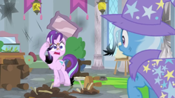 Size: 1600x900 | Tagged: safe, screencap, character:starlight glimmer, character:trixie, species:pony, episode:a horse shoe-in, g4, my little pony: friendship is magic, banner, broken, burnt, cape, clothing, column, easel, hat, mess, moss, picture frame, potted plant, shattered, singed, stool, trixie's cape, trixie's hat, window