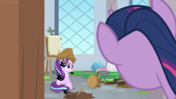 Size: 1600x900 | Tagged: safe, screencap, character:starlight glimmer, character:twilight sparkle, character:twilight sparkle (alicorn), species:alicorn, species:pony, episode:a horse shoe-in, g4, my little pony: friendship is magic, book, dirt, easel, peeking, stool, window