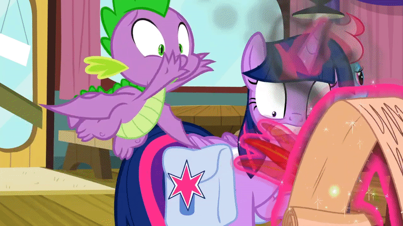 Size: 800x450 | Tagged: safe, screencap, character:cup cake, character:spike, character:twilight sparkle, character:twilight sparkle (alicorn), species:alicorn, species:dragon, species:earth pony, species:pony, episode:a trivial pursuit, g4, my little pony: friendship is magic, animated, faec, feather, female, loop, magic, male, mare, maximum overnerd, scroll, smoke, telekinesis, this will end in fire, winged spike