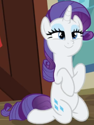 Size: 355x471 | Tagged: safe, screencap, character:rarity, species:pony, species:unicorn, episode:dragon dropped, g4, my little pony: friendship is magic, cropped, cute, female, kneeling, lidded eyes, mare, rarara, raribetes, smiling, solo