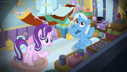 Size: 1600x900 | Tagged: safe, screencap, character:starlight glimmer, character:trixie, species:pony, episode:a horse shoe-in, g4, my little pony: friendship is magic, blanket, book, box, broom, cape, chest, clothing, container, curtains, door, hammock, hat, jar, juggling, pillow, rug, smoke bomb, top hat, trixie's wagon, wand, window