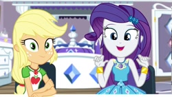 Size: 1280x720 | Tagged: safe, screencap, character:applejack, character:rarity, episode:camping must-haves, g4, my little pony:equestria girls, bracelet, jewelry, looking at you, photo