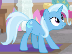 Size: 655x491 | Tagged: safe, screencap, character:trixie, species:pony, episode:a horse shoe-in, g4, my little pony: friendship is magic, cropped, excited, lip bite, smiling, solo, stretchy