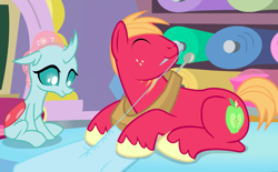 Size: 1134x703 | Tagged: safe, screencap, character:big mcintosh, character:ocellus, species:changedling, episode:a horse shoe-in, g4, my little pony: friendship is magic, cute, diaocelles, macabetes, mouth hold, sewing, sewing needle, smiling