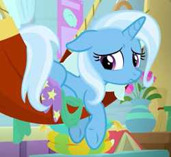 Size: 631x579 | Tagged: safe, screencap, character:trixie, species:pony, species:unicorn, episode:a horse shoe-in, g4, my little pony: friendship is magic, cropped, female, floppy ears, hammock, looking back, mare, potted plant, sad, solo