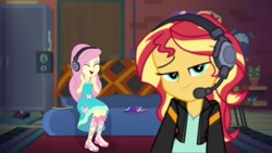 Size: 1280x720 | Tagged: safe, screencap, character:fluttershy, character:sunset shimmer, episode:game stream, g4, my little pony:equestria girls, eyes closed, photo