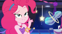 Size: 993x557 | Tagged: safe, screencap, character:pinkie pie, episode:twilight under the stars, g4, my little pony:equestria girls, bare shoulders, lidded eyes, photo, sleeveless, solo, strapless