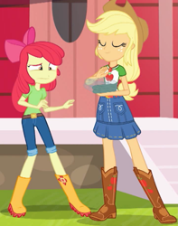 Size: 1081x1369 | Tagged: safe, screencap, character:apple bloom, character:applejack, equestria girls:holidays unwrapped, g4, my little pony:equestria girls, apple bloom's bow, applejack's hat, belt, boots, bow, clothing, cowboy boots, cowboy hat, cropped, denim skirt, faec, female, freckles, hair bow, hat, jeans, looking at something, net, pants, shoes, skirt, smiling, stetson