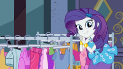 Size: 989x558 | Tagged: safe, screencap, character:rarity, episode:street chic, g4, my little pony:equestria girls, female, looking at you, smiling, smiling at you, solo