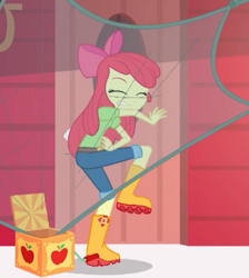 Size: 915x1023 | Tagged: safe, screencap, character:apple bloom, equestria girls:holidays unwrapped, g4, my little pony:equestria girls, apple bloom's bow, boots, bow, box, clothing, covering, cropped, female, hair bow, jack in the box, jeans, net, pants, shoes, solo, the cider louse fools
