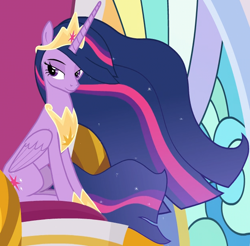 Size: 622x611 | Tagged: safe, screencap, character:twilight sparkle, character:twilight sparkle (alicorn), species:alicorn, species:pony, episode:the last problem, g4, my little pony: friendship is magic, season 9, cropped, crown, female, final episode, finale, jewelry, monologue, princess twilight 2.0, regalia, series finale, sitting, solo