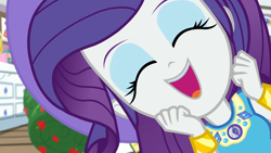 Size: 1920x1080 | Tagged: safe, screencap, character:rarity, episode:camping must-haves, g4, my little pony:equestria girls, bracelet, close-up, cute, extreme close up, eyes closed, female, geode of shielding, happy, jewelry, magical geodes, open mouth, photobomb, rarara, raribetes, rarity's bedroom, sleeping bag, smiling