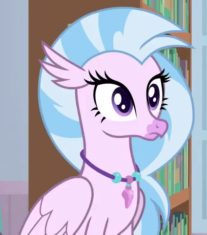Size: 424x480 | Tagged: safe, screencap, character:silverstream, character:sky beak, species:classical hippogriff, species:hippogriff, episode:a horse shoe-in, g4, my little pony: friendship is magic, animated, book, bookshelf, cropped, cute, diastreamies, female, gif, happy, jewelry, necklace, sad, smiling, solo focus, teenager, waving