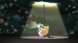 Size: 2100x1180 | Tagged: safe, screencap, character:spike, species:dragon, episode:dragon dropped, g4, my little pony: friendship is magic, basket, cave, gem, gem cave, headlamp, hole, light, lighting, male, mine, rope, solo, winged spike