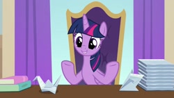 Size: 1920x1080 | Tagged: safe, screencap, character:twilight sparkle, character:twilight sparkle (alicorn), species:alicorn, species:pony, episode:a horse shoe-in, g4, my little pony: friendship is magic, book, napkin, solo