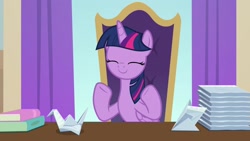 Size: 1920x1080 | Tagged: safe, screencap, character:twilight sparkle, character:twilight sparkle (alicorn), species:alicorn, species:pony, episode:a horse shoe-in, g4, my little pony: friendship is magic, book, cute, desk, eyes closed, female, folded wings, mare, napkin, origami, smiling, solo, twiabetes, wings