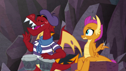 Size: 1920x1080 | Tagged: safe, screencap, character:garble, character:smolder, species:dragon, episode:sweet and smoky, g4, my little pony: friendship is magic, beatnik, beret, bongos, brother and sister, clothing, dragoness, eyes closed, female, finger snap, hat, male, siblings, striped shirt