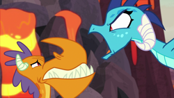 Size: 1920x1080 | Tagged: safe, screencap, character:princess ember, species:dragon, episode:sweet and smoky, g4, my little pony: friendship is magic, billy (dragon), dragoness, female, male, open mouth, shout, teenaged dragon