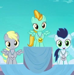 Size: 396x405 | Tagged: safe, screencap, character:derpy hooves, character:lightning dust, character:soarin', species:pegasus, species:pony, episode:parental glideance, g4, my little pony: friendship is magic, colt soarin', cropped, cute, derpabetes, dustabetes, female, filly, filly derpy, filly lightning dust, flashback, folded wings, gold medal, open mouth, silver medal, smiling, soarinbetes, spread wings, trio, wings, younger