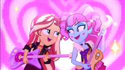 Size: 1920x1080 | Tagged: safe, screencap, character:kiwi lollipop, character:sunset shimmer, equestria girls:sunset's backstage pass, g4, my little pony:equestria girls, concert, duo, duo female, electric guitar, female, guitar, k-lo, kiwi lollipop, musical instrument, open mouth, singing, true original (song)