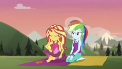 Size: 1986x1125 | Tagged: safe, screencap, character:rainbow dash, character:sunset shimmer, episode:wake up!, g4, my little pony:equestria girls, barefoot, clothing, feet, mountain, pants, soles, wake up!: rainbow dash, yoga mat, yoga pants
