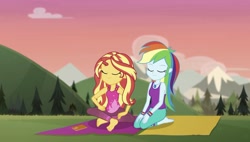 Size: 1980x1123 | Tagged: safe, screencap, character:rainbow dash, character:sunset shimmer, episode:wake up!, g4, my little pony:equestria girls, barefoot, clothing, eyes closed, feet, mountain, pants, soles, wake up!: rainbow dash, yoga mat, yoga pants