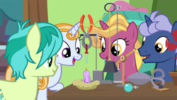 Size: 1920x1080 | Tagged: safe, screencap, character:midnight snack, character:sandbar, character:summer meadow, species:bird, species:pony, episode:a horse shoe-in, g4, my little pony: friendship is magic, fire flicker, friendship student, rube goldberg machine