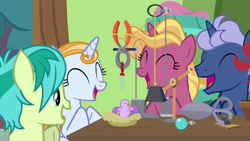Size: 1920x1080 | Tagged: safe, screencap, character:midnight snack, character:sandbar, character:summer meadow, species:bird, species:pony, episode:a horse shoe-in, g4, my little pony: friendship is magic, fire flicker, friendship student, rube goldberg machine