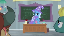 Size: 1920x1080 | Tagged: safe, screencap, character:end zone, character:trixie, character:yona, species:pony, species:unicorn, species:yak, episode:a horse shoe-in, g4, my little pony: friendship is magic, apple, book, cape, clothing, end zone, female, food, friendship student, hat, male, mare, quadrupedal, stallion, trixie's cape, trixie's hat