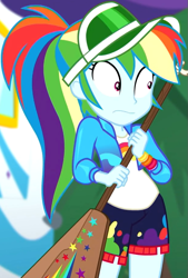 Size: 619x915 | Tagged: safe, screencap, character:rainbow dash, equestria girls:sunset's backstage pass, g4, my little pony:equestria girls, cap, clothing, cropped, female, guitar, hat, jacket, musical instrument, outdoors, paddle, ponytail, rainbow dash's paddle, shorts, shrunken pupils, solo