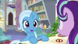 Size: 1920x1080 | Tagged: safe, screencap, character:phyllis, character:starlight glimmer, character:trixie, species:pony, species:unicorn, episode:a horse shoe-in, g4, my little pony: friendship is magic, bookshelf, cute, diatrixes, duo, excited, eyes closed, female, folder, frown, happy, hooves on the table, mare, open mouth, philodendron, school of friendship, smiling, starlight's office, too cute