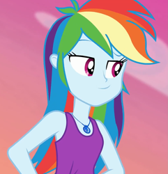 Size: 1039x1080 | Tagged: safe, screencap, character:rainbow dash, episode:wake up!, g4, my little pony:equestria girls, clothing, cropped, cute, dashabetes, female, geode of super speed, magical geodes, sexy, sleeveless, smiling, smirk, solo, stupid sexy rainbow dash, tank top, wake up!: rainbow dash