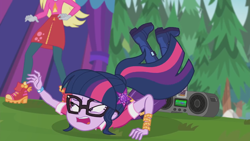 Size: 1920x1080 | Tagged: safe, screencap, character:derpy hooves, character:twilight sparkle, character:twilight sparkle (scitwi), species:eqg human, episode:the road less scheduled, g4, my little pony:equestria girls, boombox, falling, female, geode of telekinesis, glasses, magical geodes, music festival outfit, open mouth, outdoors, ponytail